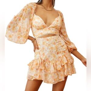 Saints + Secrets Floral Cut-Out Mini Dress Size Small | Puff Sleeve Ruffle Dress